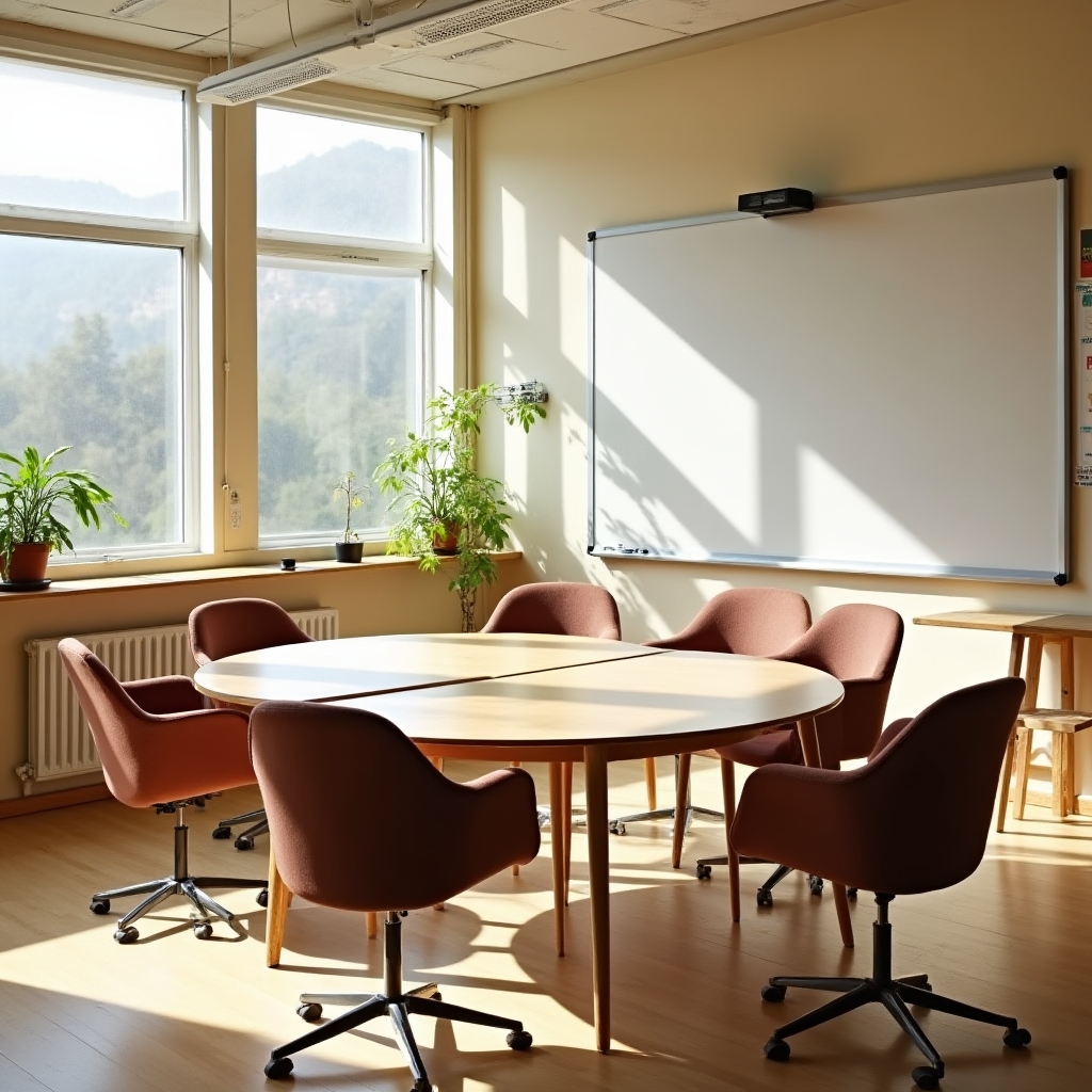 Bright and modern Zuleyi language classroom with natural light, round tables and comfortable seating