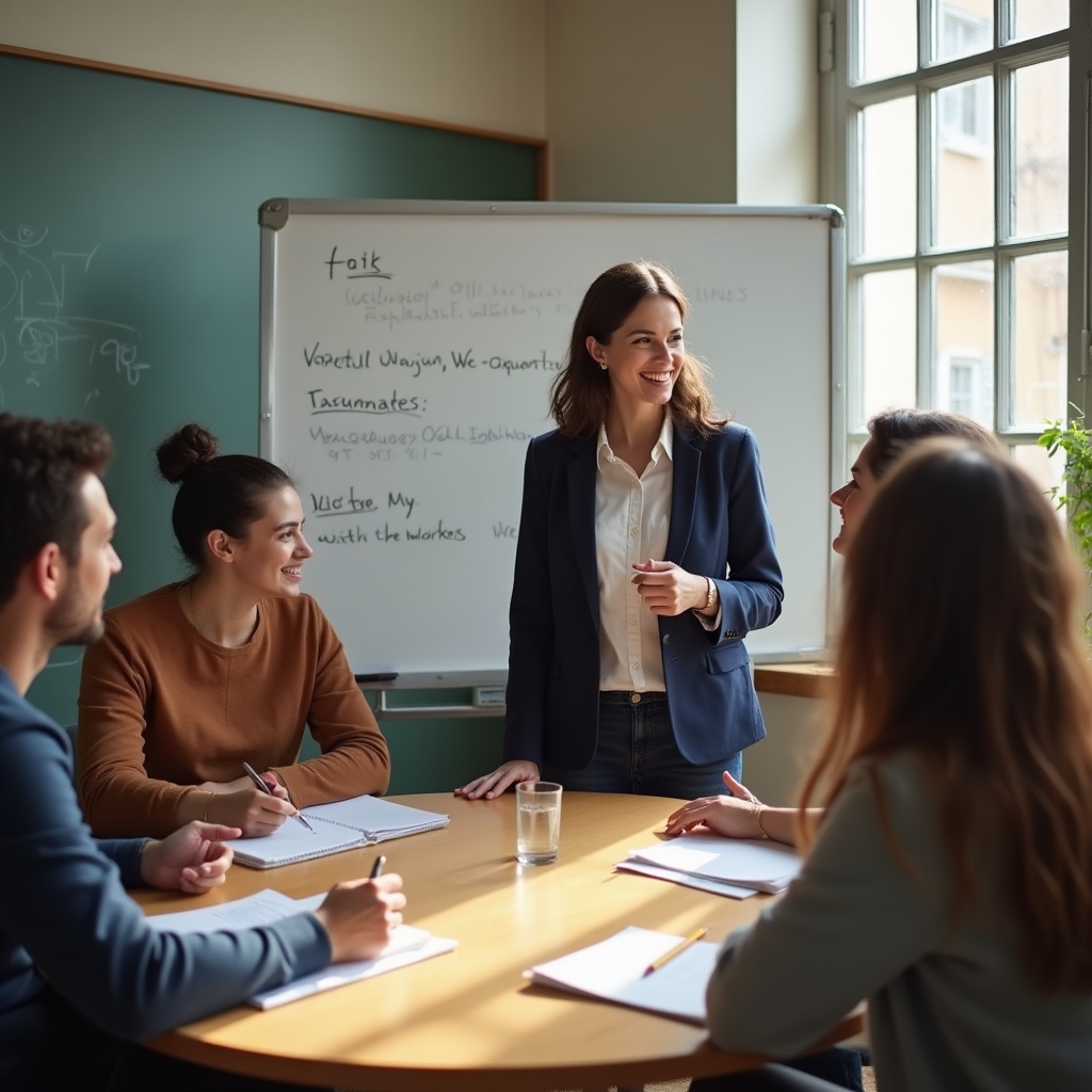 English language lesson with students in a small group classroom setting