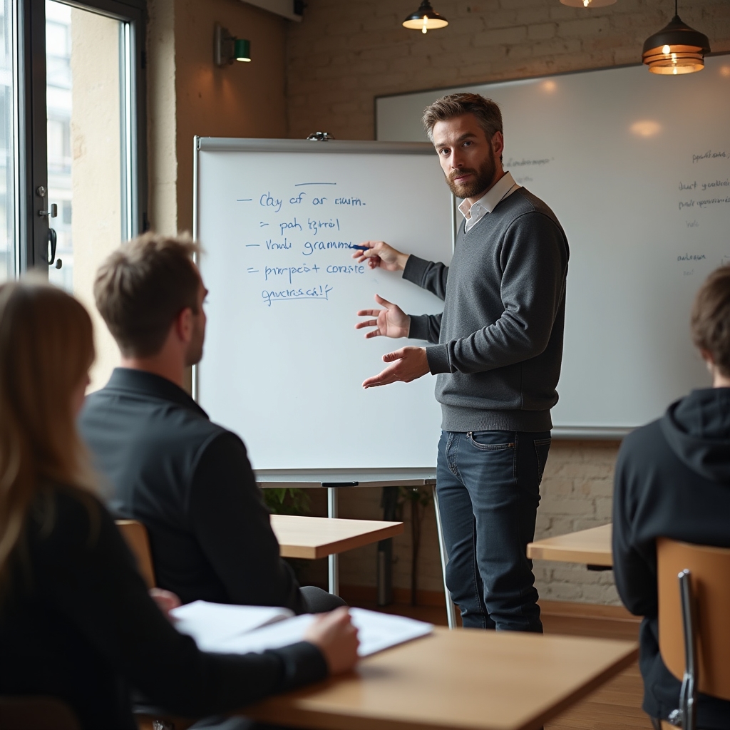 German language instructor pointing at a whiteboard with grammar notes during a lesson