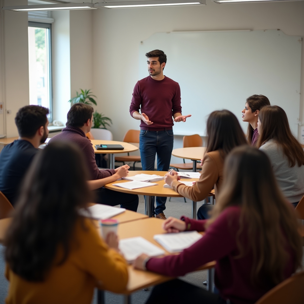 Language instructor leading a small group of adult students in a communicative activity